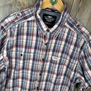 Harley Davidson Mens Plaid Short Sleeve Shirt Size Large Skull Patch Biker